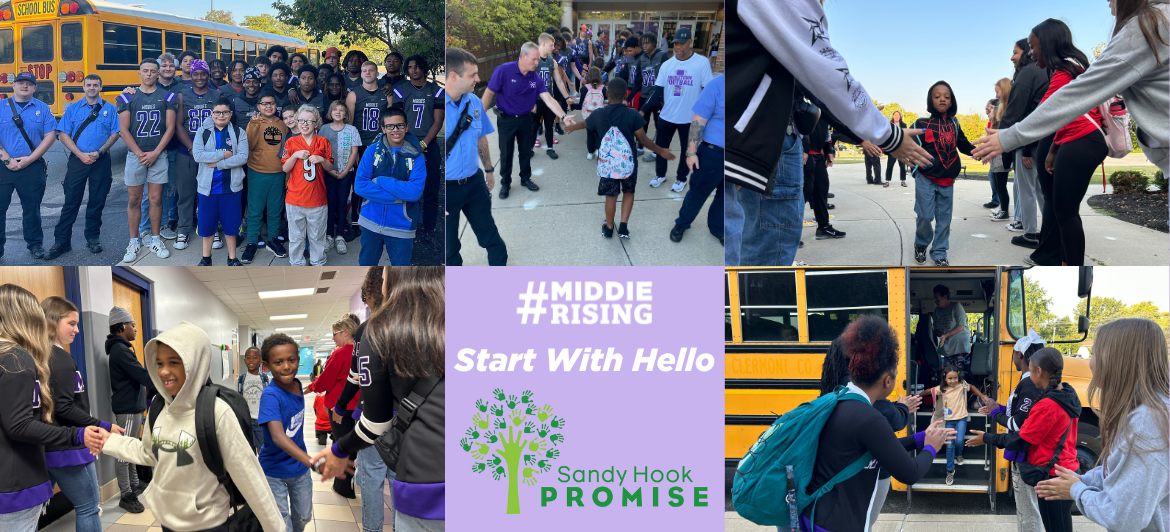 Pictures of high school students and staff welcoming elementary students into school with high-five tunnels